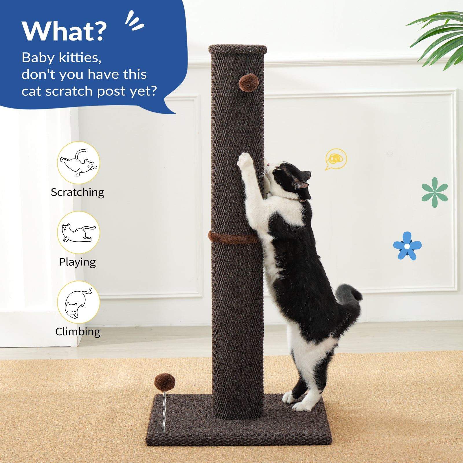 Cat Craft 41.73 ” Brown Faux Fur Large Cat Scratching Post with Replaceable Toys and Sturdy Base