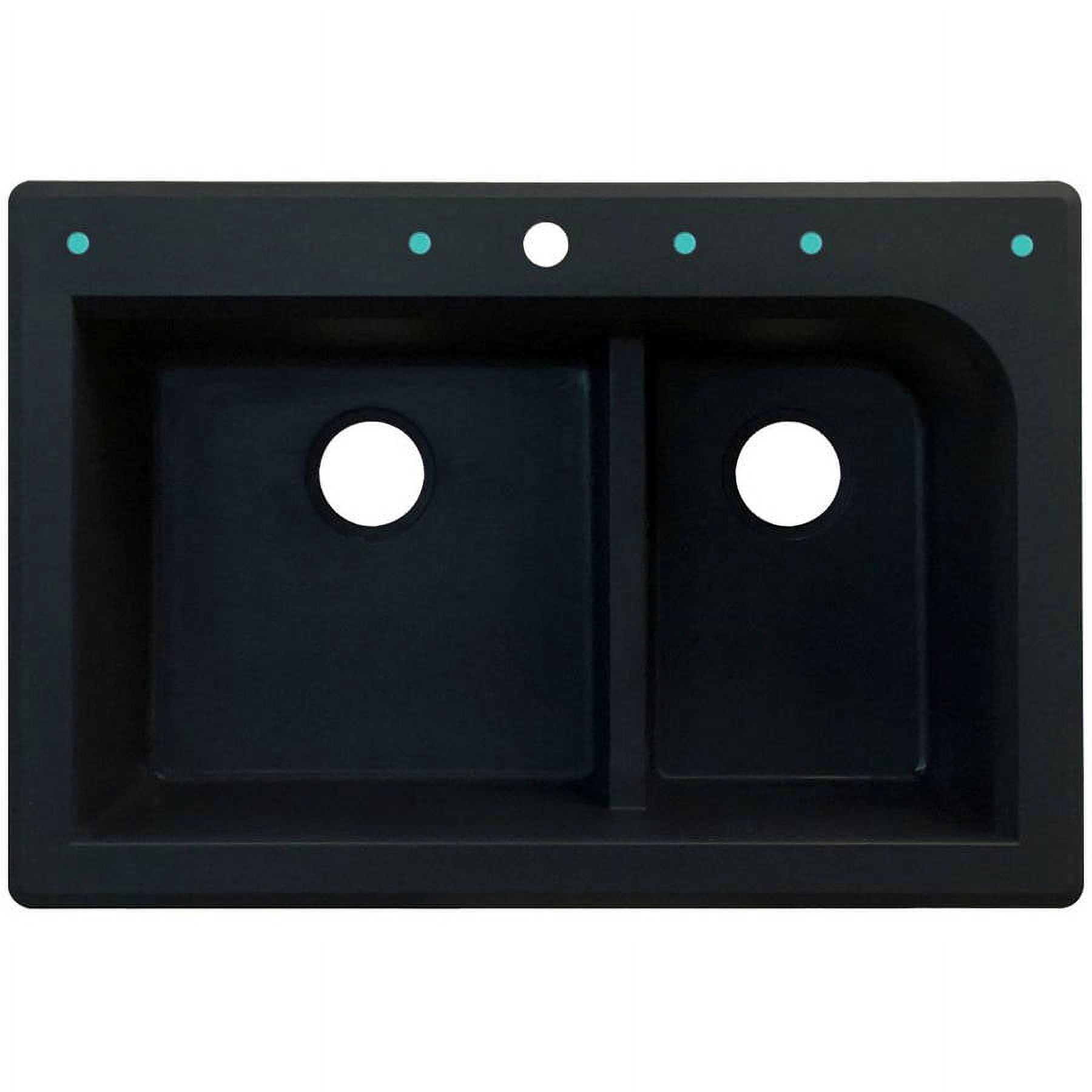 Transolid Radius 33in x 22in silQ Granite Drop-in Double Bowl Kitchen Sink with 5 CABDE Faucet Holes, In Black