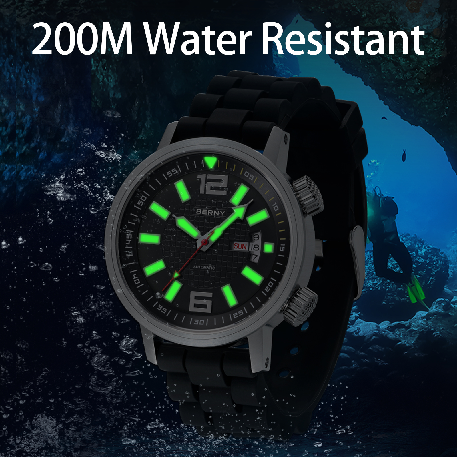 BERNY Automatic Dive Watches for Men, Sport 200M Waterproof Analog Mechanical Watch with Day & Date, Super Luminous, Silicone Strap, Stainless Steel, Sapphire Crystal, Men's Pro Diver Watch (Black)