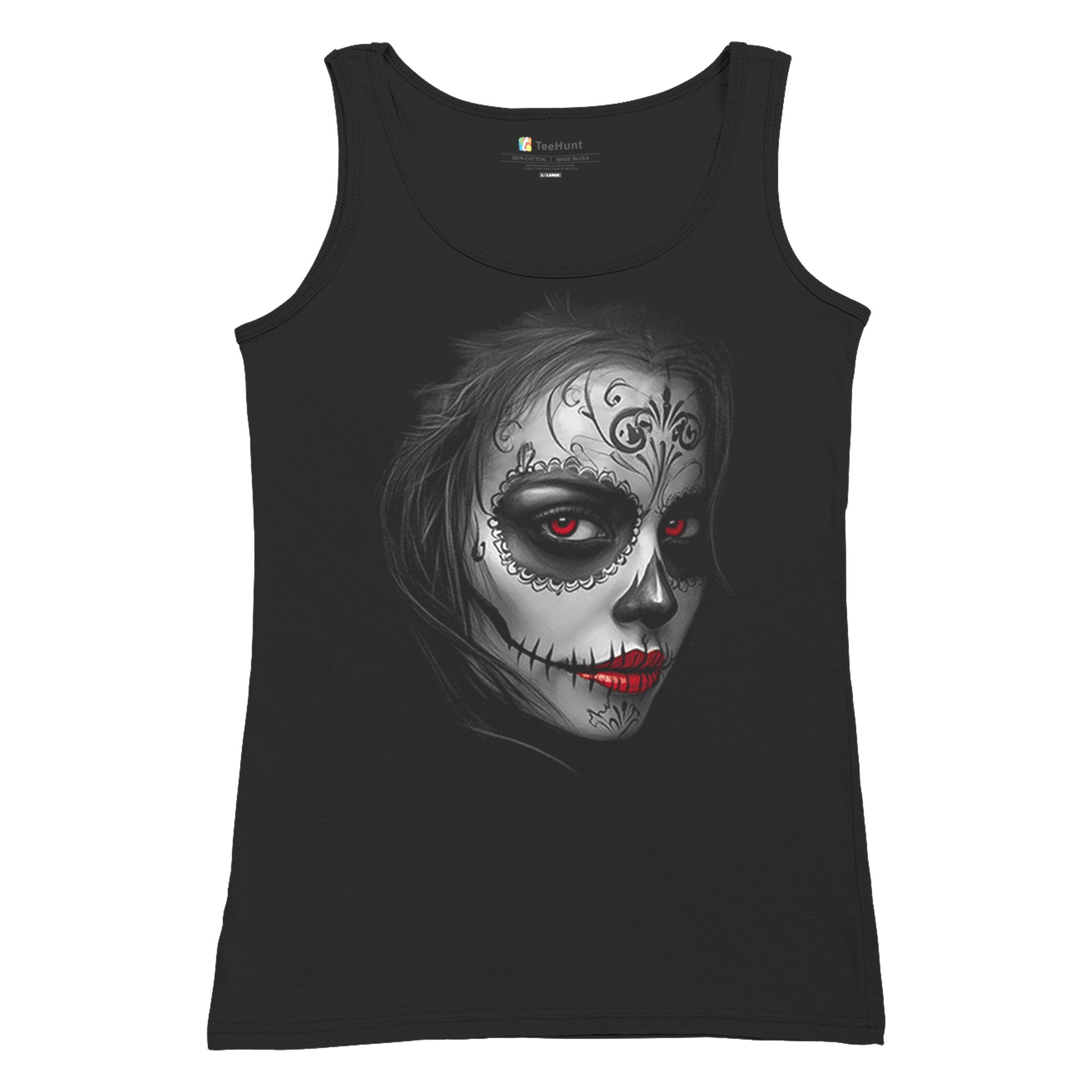 Sugar Skull Portrait Women's Tank Top Gothic Beauty Red Lips Day