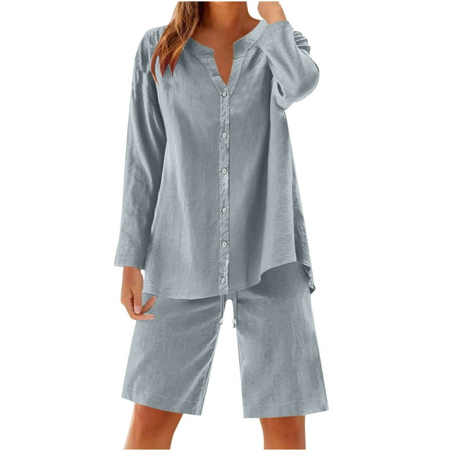 UAMVSH Women Button down Two Piece Sets Plus Size Cotton Linen Long Sleeve Shirts and Drawstring Bermuda Shorts Beach Outfits(4X-Large,Gray)