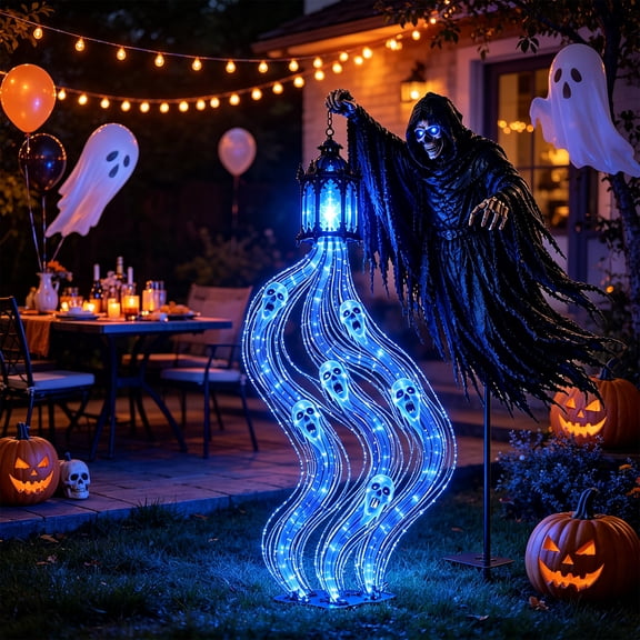 LOWLHOME Halloween Soul Harvester Animated Garden Light, Solar Powered Grim Reaper Yard Stake with Flowing Blue LED Ghost Effect, Waterproof Decor for Lawn and Haunted Graveyard