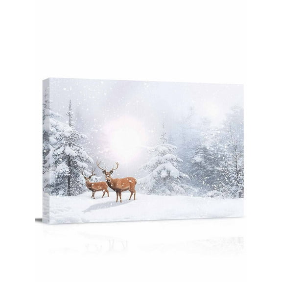 Christmas Snow View Canvas Print Wall Art Elk Forest Tree White Brown Winter Pictures Painting Morden Artwork for Living Room Bedroom, Ready to Hang - 12"x16"