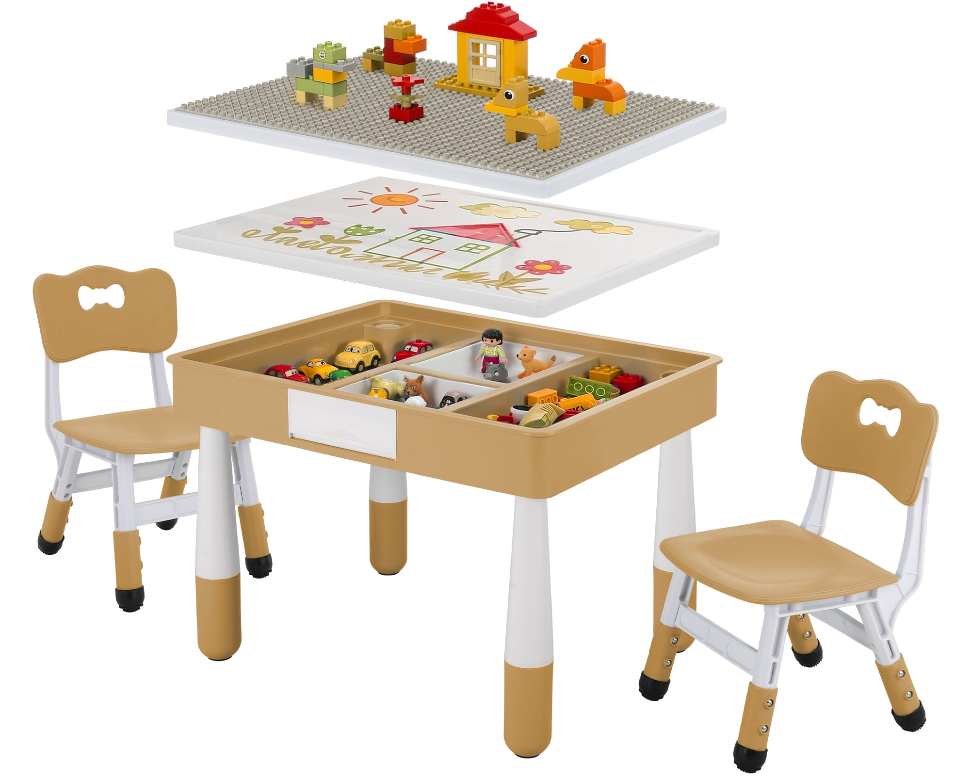 Arlopu 4 in 1 Kids Table and 2 Chairs Set with 2 Drawers, Toddler Table and Chair Set for Ages 3-10, Graffiti & Building Blocks Double-Sided Tabletop, Height Adjustable