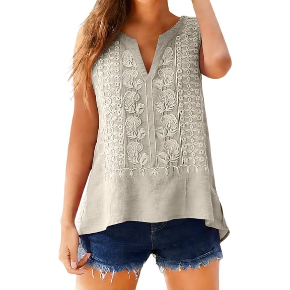 Tweang Sleeveless Shirts for Women Flowy Blouse Halter Solid Color Elegant Side Slit Summer Vacation Outfits Womens Cotton Linen Sleeveless Tank Tops Tanks Shirts Casual Comfy Summer Clothes Beige L