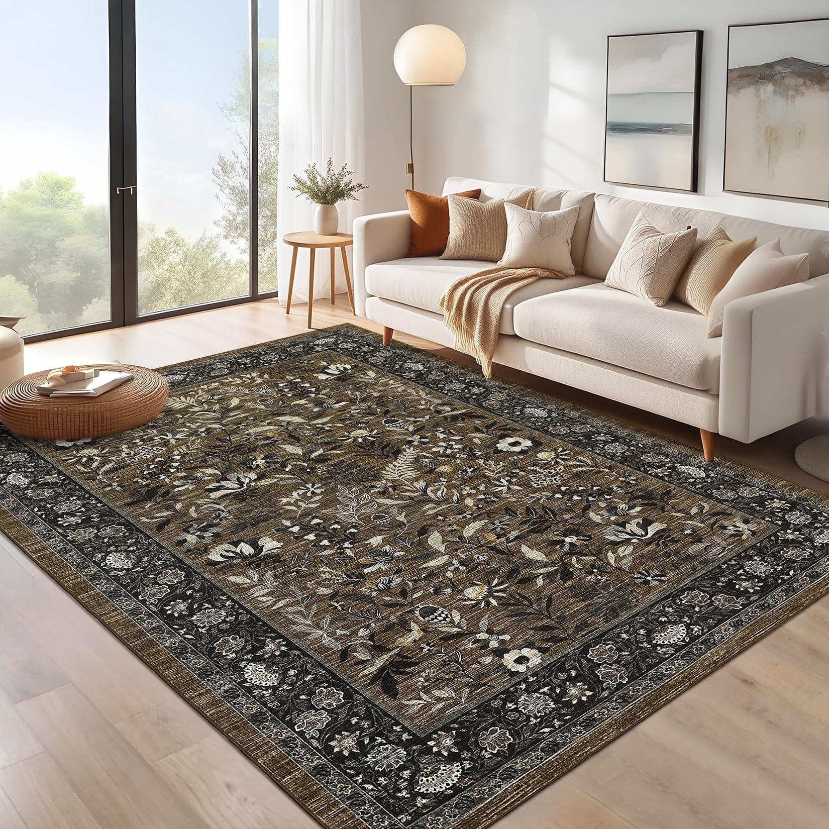 Garvee 8'x10' Vintage Floral Area Rugs Washable Botanical Printed Rugs Carpet, Low Pile Non Slip Oriental Rug Stain Resistant Indoor Rugs for Living Room Bedroom Dining Room, Brown