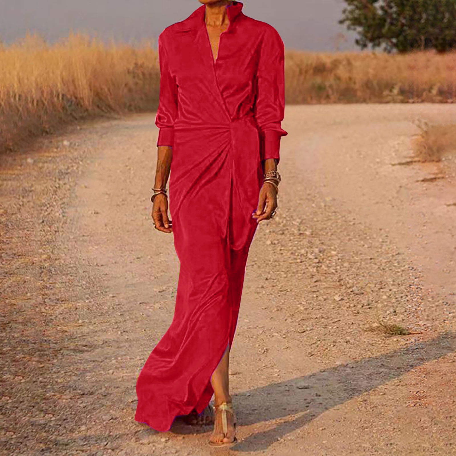 FcBaudy Robe Mi-Mollet à Manches Longues Col en V, Robes pour