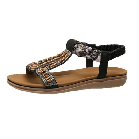 

Women Boho Beach Shoes Summer Comfortable Casual Beaded Sandals Ankle Strap Slip On Walking Thong Flats Sandals