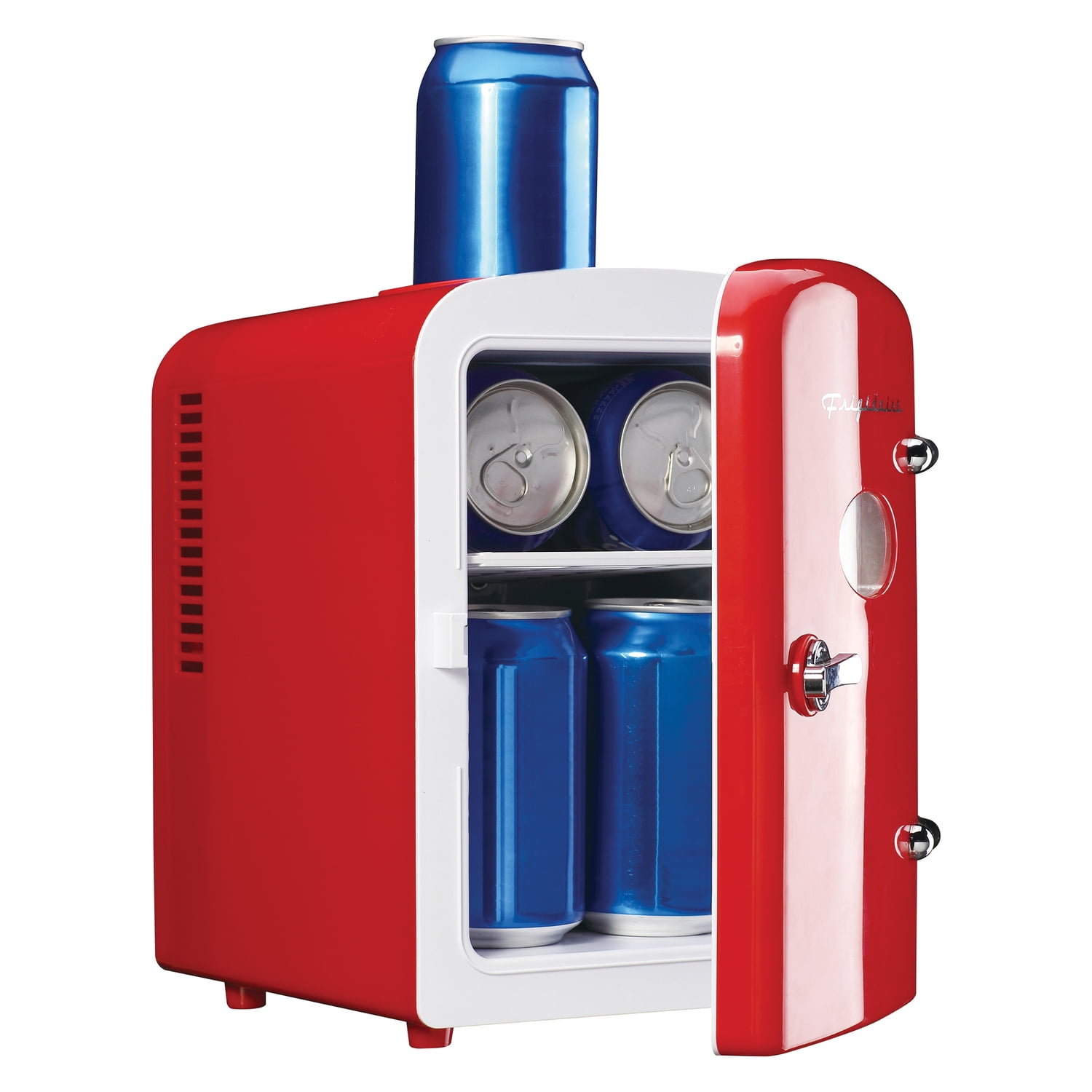 Frigidaire EFMIS171-RED 6+1-Can 48-Watt Retro Mini Portable Fridge with Top-Mounted Active-Cooling Can Holder (Red)