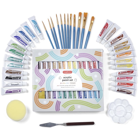 Incraftables Acrylic Paint Set W/ 24 Colors Acrylic Paints, 12 Brushes, Sponge, Pallet & Craft Knife