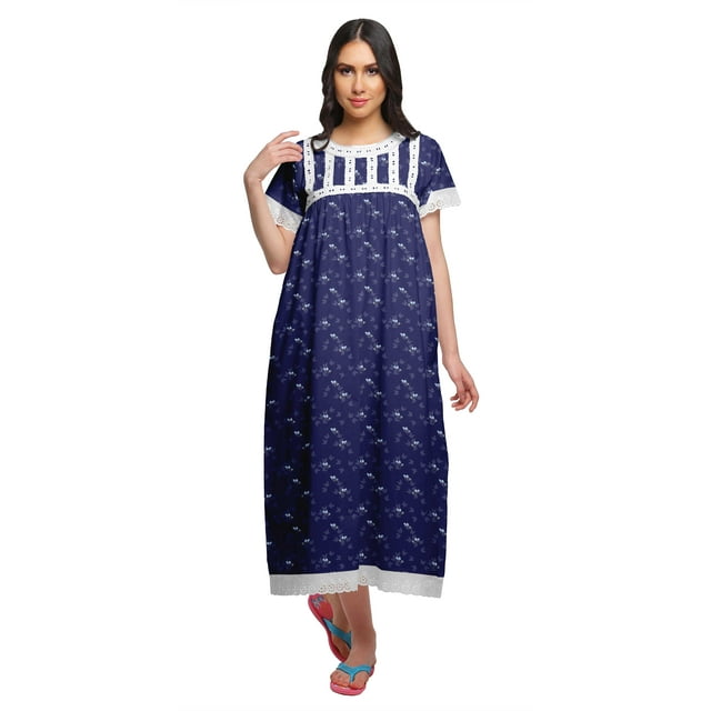 Moomaya Chemise de Nuit Maxi Boutonnée à Manches Courtes Imprimée pour Femmes en Coton