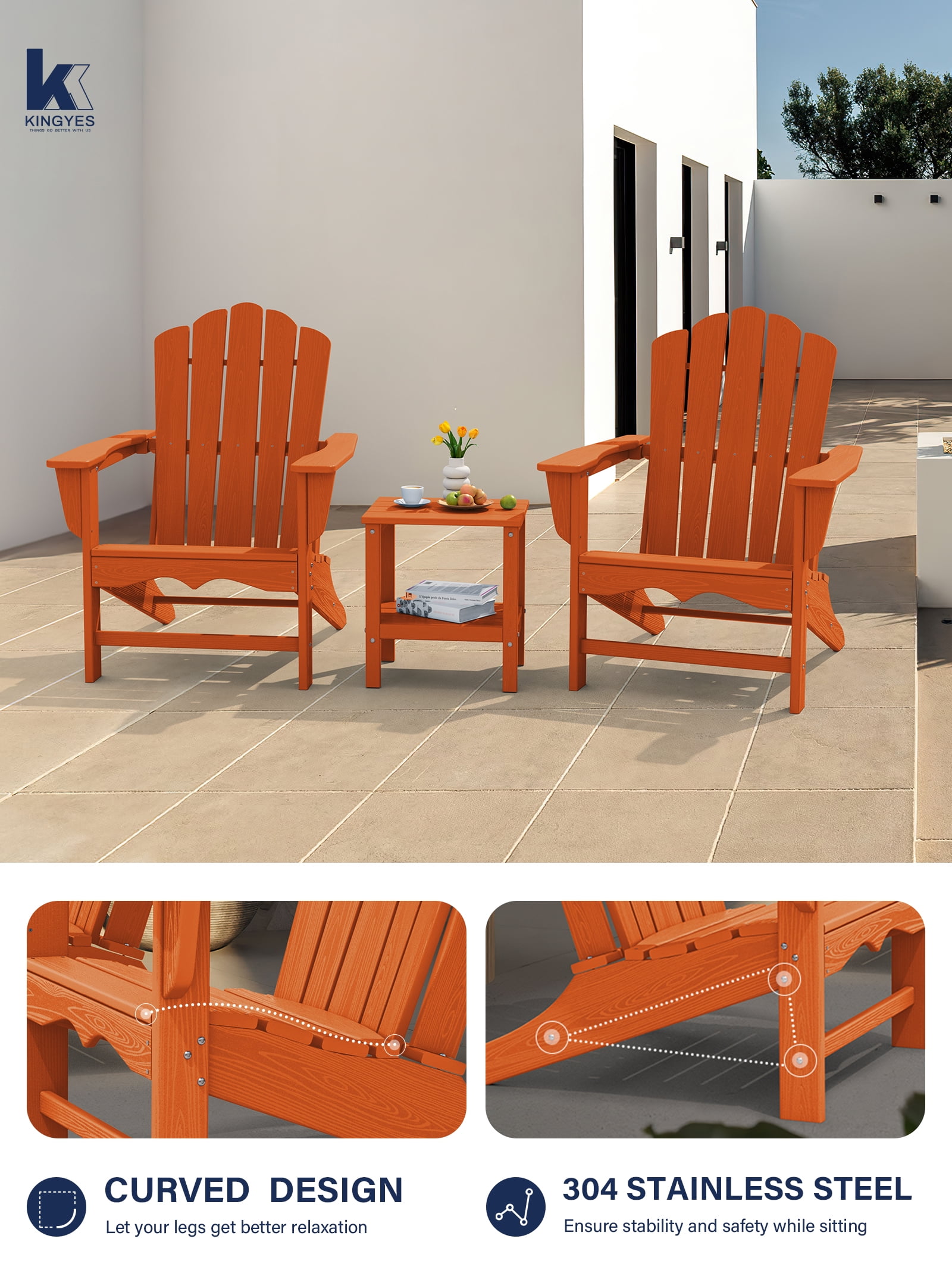 KINGYES HDPE Adirondack Chair, All-Weather Outdoor Fire Pit Chairs for Patio Deck Lawn, Orange