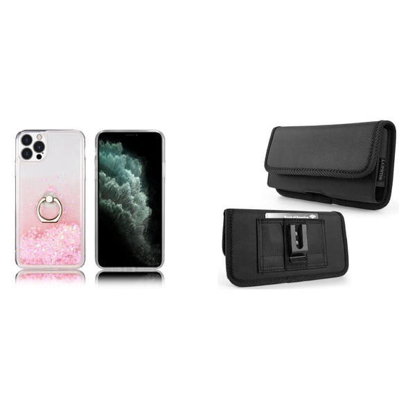 Waterfall Liquid Glitter Stand Case and Belt Holster Pouch for iPhone 14 Pro - Pink