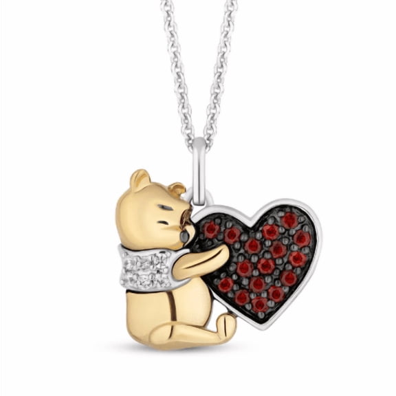 Garnet and Diamond Winnie the Pooh hugging Heart Pendant in 925 Sterling Silver 14K Two-Tone Gold Vermeil Dainty Bear Necklace,Pooh Bear Pendant With 18" Chain pooh Charm Pendant Gift for her