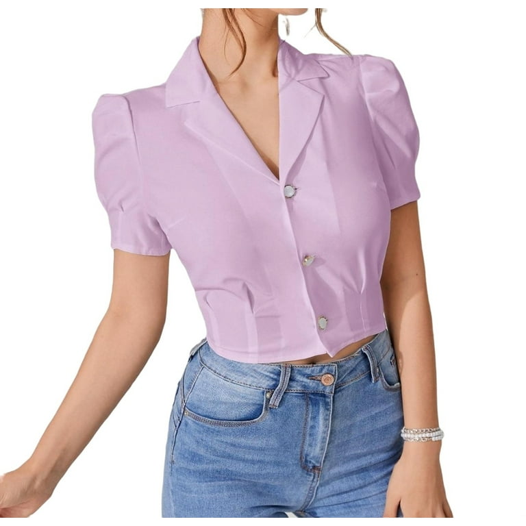 Lilac Purple Solid Button Front Casual Shirt Women's Blouses