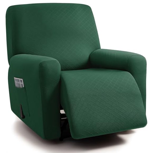 ULTICOR Squared Jacquard Design, 4-Piece, 1 Seat Recliner Cover, Reclining Chair Covers for 1 Cushion Reclining Sofa, Single Seat Recliner Couch Cover, Washable (Recliner Cover, Retro Green)