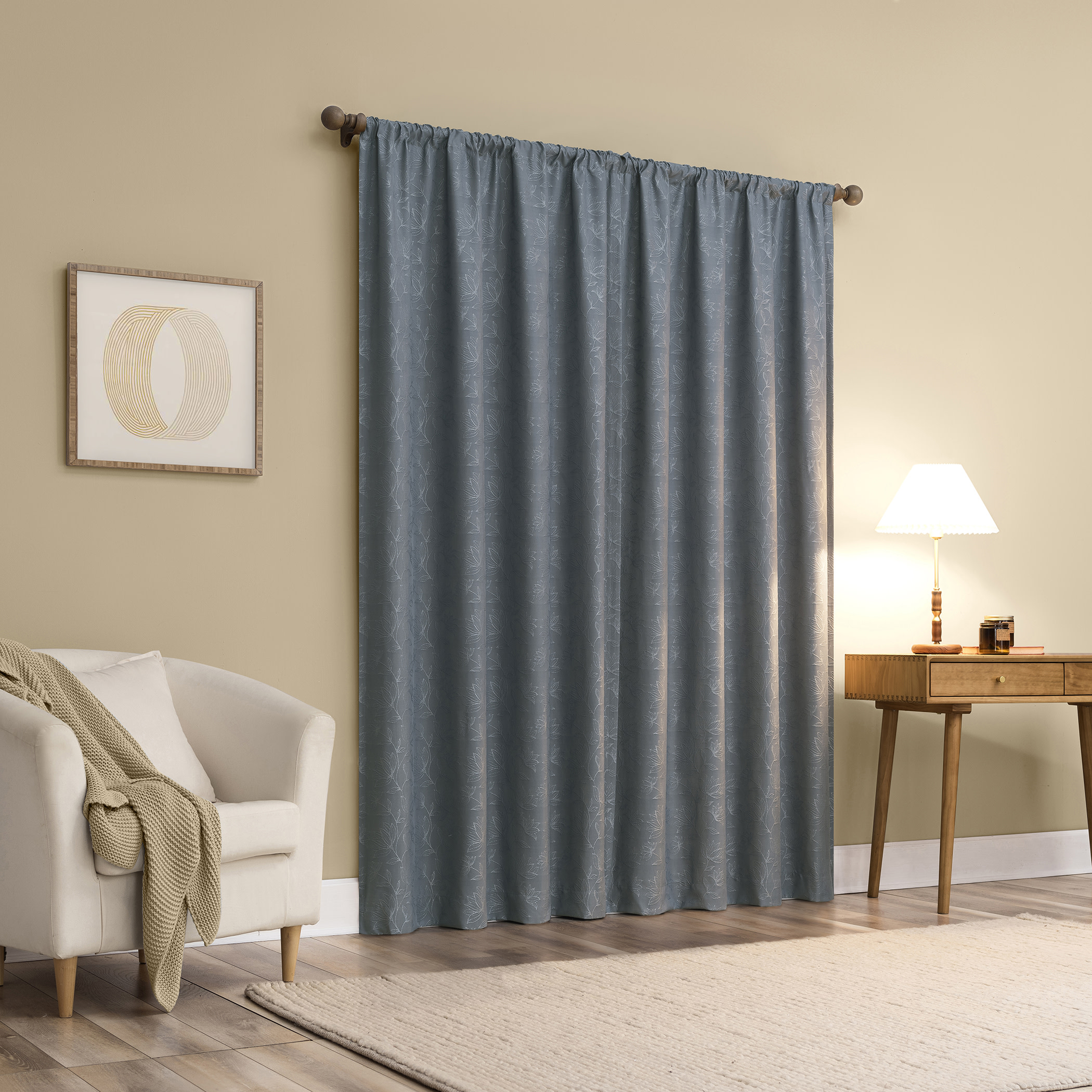 Sun Zero Bronte Floral Jacquard 100% Blackout Rod Pocket Curtain Panel, 50"W X 84"L, Denim Blue