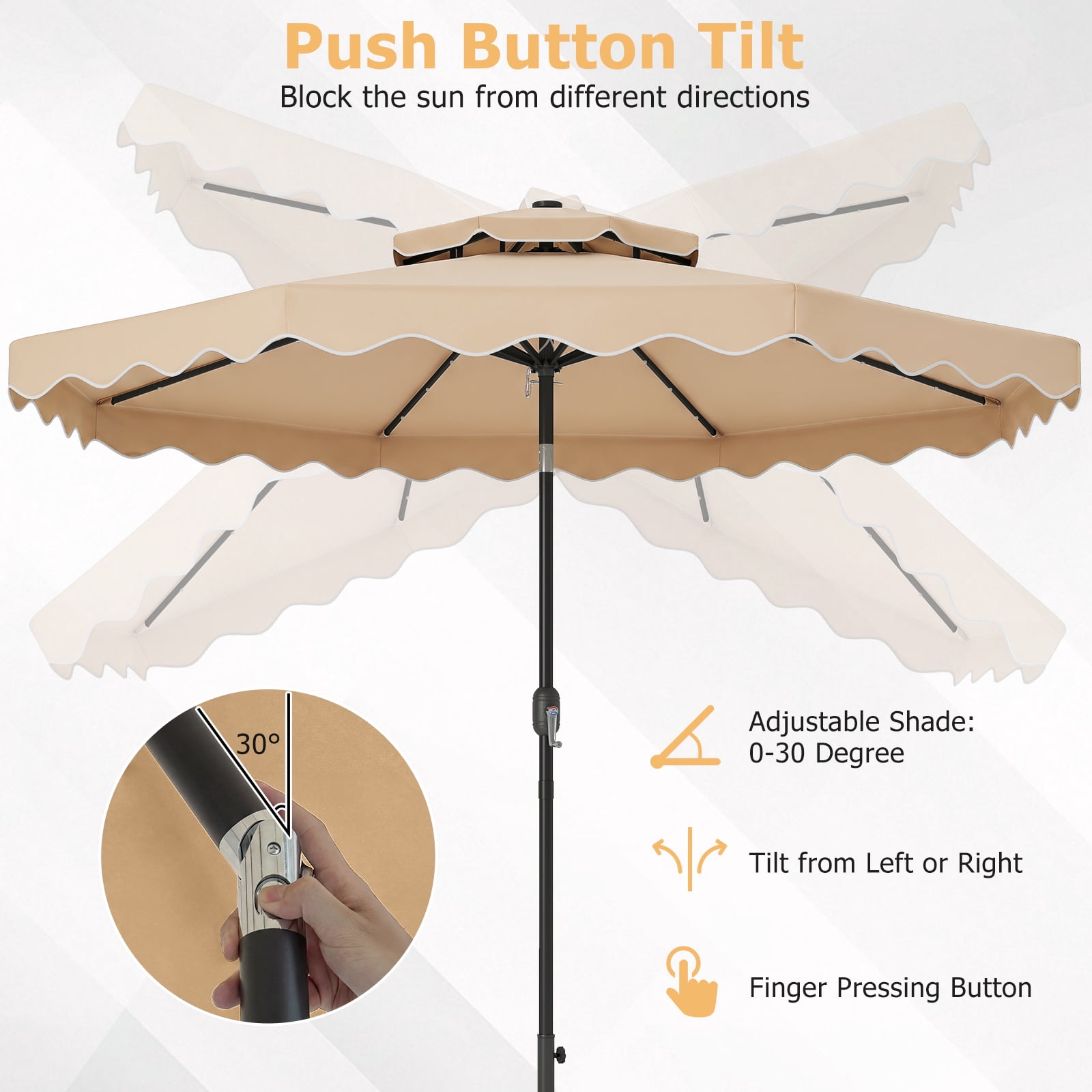 Costway 9 FT Solar LED Patio Umbrella, Push-Button Tilt & Crank, 24 LED Lights & 8 Ribs Beige