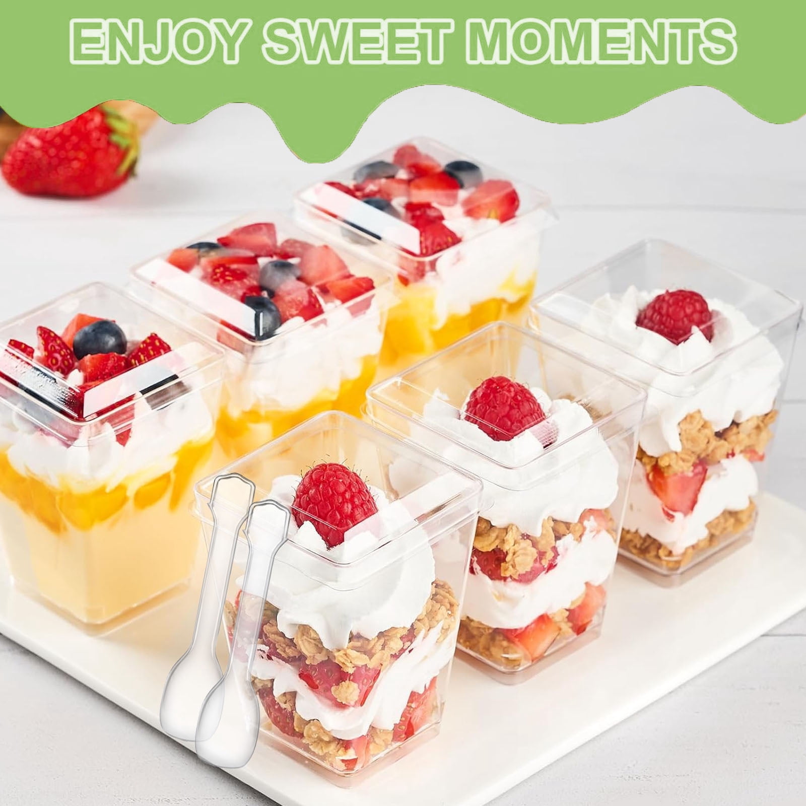BagDream 50 Pack 5 oz Plastic Dessert Cups with Lids and Spoons, Yogurt Parfait Appetizer Cups Mini Dessert Shooter Cups for Pudding, Fruit and Ice Cream