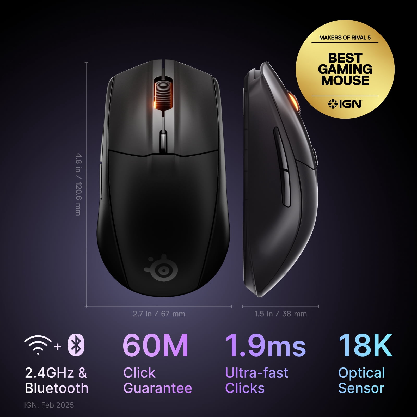 SteelSeries Rival 3 Wireless Gaming Mouse Gen 2 -Ultra-fast 2.4 GHz/Bluetooth 5.0 /Quantum 2.0 Dual Wireless technology/mechanical switches/400 hr+ Battery life/Gaming grade/Black