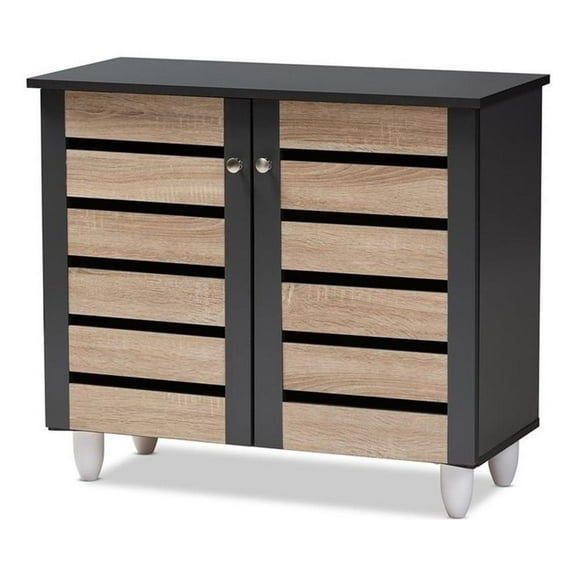 Bowery Hill Two-Tone Oak Wood 2-Door Shoe Cabinet in Dark Gray