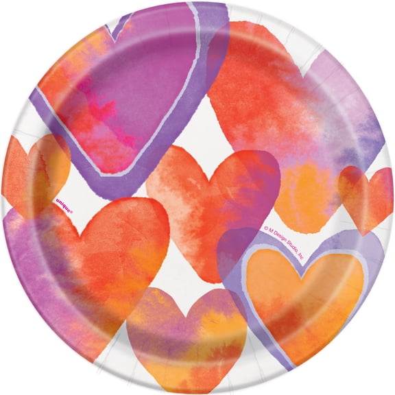 7" Valentine's Day Watercolor Hearts Paper Paper Dessert Plates, 8ct