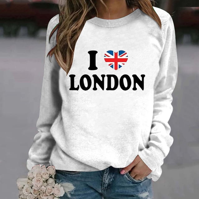 TINZ Chandail de Sport Décontracté pour Femmes, Style Britannique à la Mode avec Lettres Imprimées, Col Rond, Manches Longues (2) Veste Ajustée avec Capuchon Manteau Femme Fermeture Éclair devant Chandail à Capuchon à Fermeture à Glissière Femme
