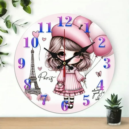Paris Eiffel Tower Hearts Print MDF Wood 10in Round Wall Clock, Silent Non-Ticking Battery Operated, Great for Living Room, Kitchen, Dorm Decoration and Gift