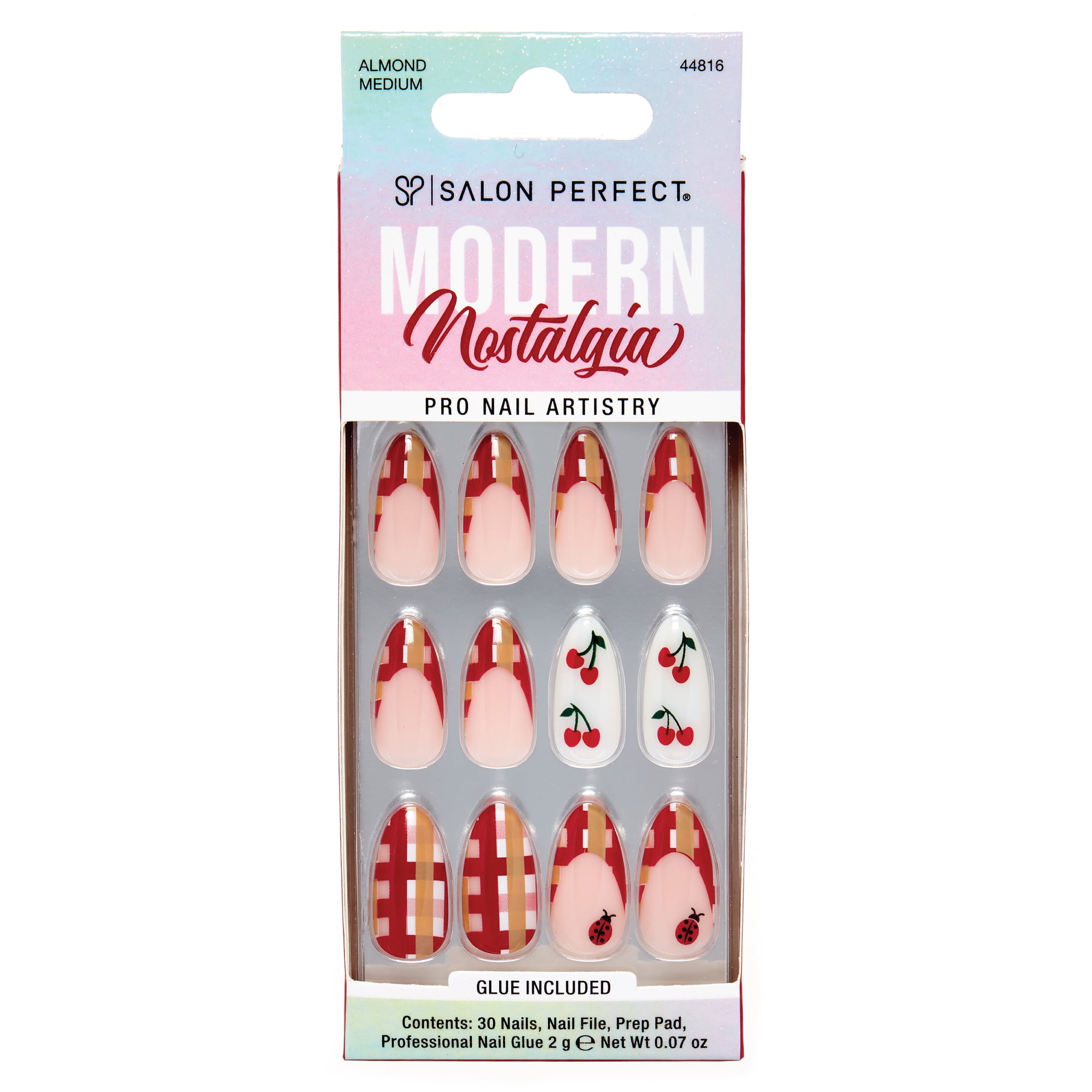 Salon Perfect Artificial Fake Press On Nails, 509 Modern Nostalgia, Gingham, Medium Almond, File, Glue and Prep Pad Included, 30 Nails