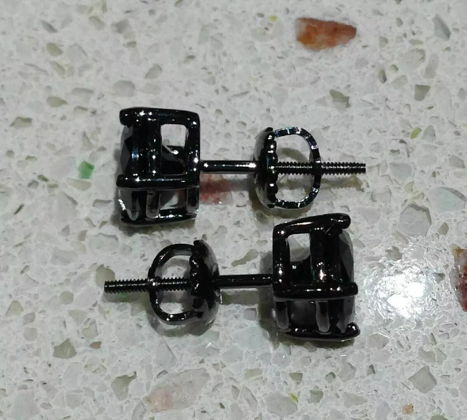 6MM Round Cut Lab Created Black Diamond Screw Back Stud Earrings 14K Black Gold Plated Silver