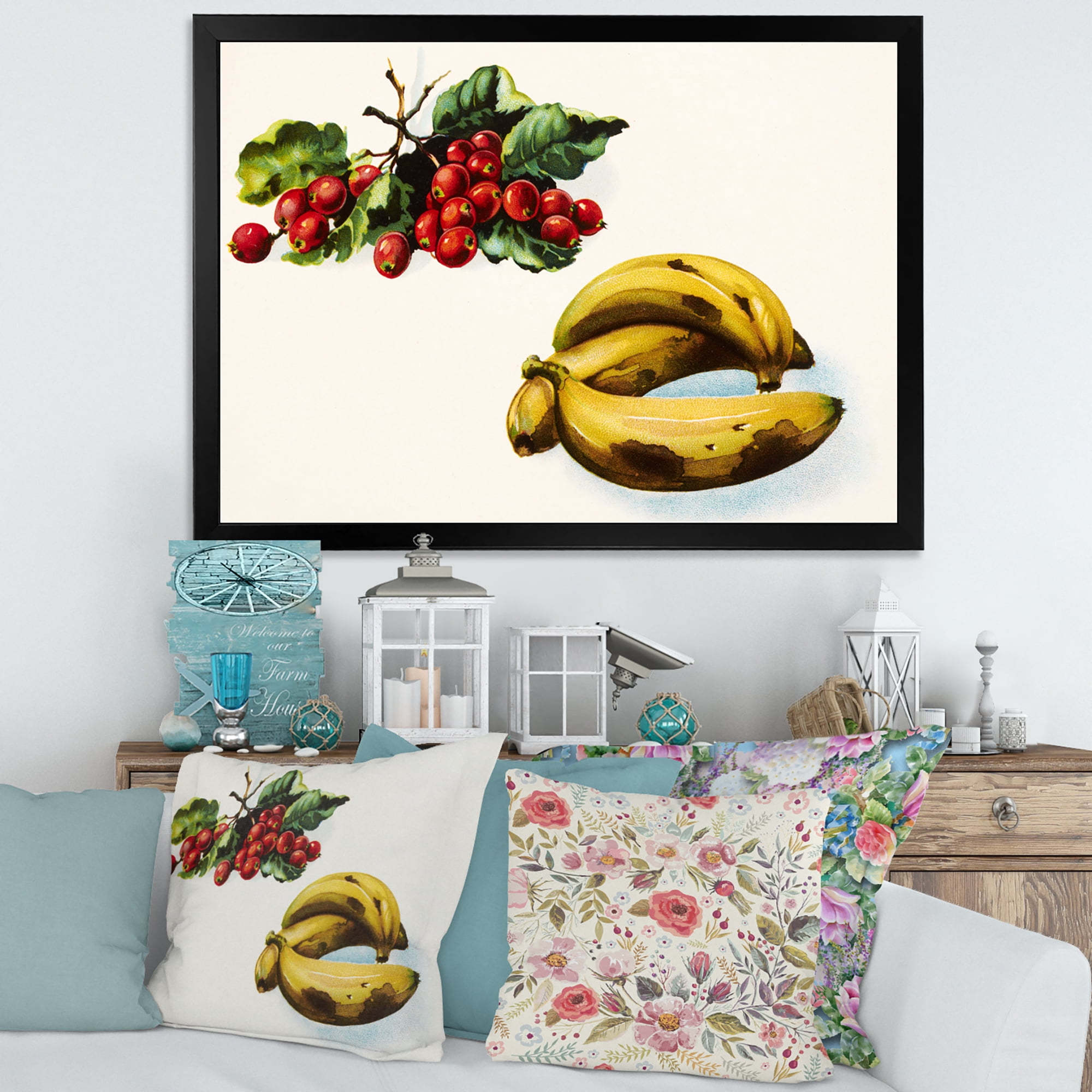 Designart 'Red Berries and Banana' Farmhouse Framed Art Print