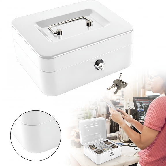 LAMIRO Portable Storage Box With Keys, Storage Box, Piggy Bank, 150 Keys, White | Box With Key Lock Metal Box With Removable Tray Medium Lock Box Saving Organizer for Small Business