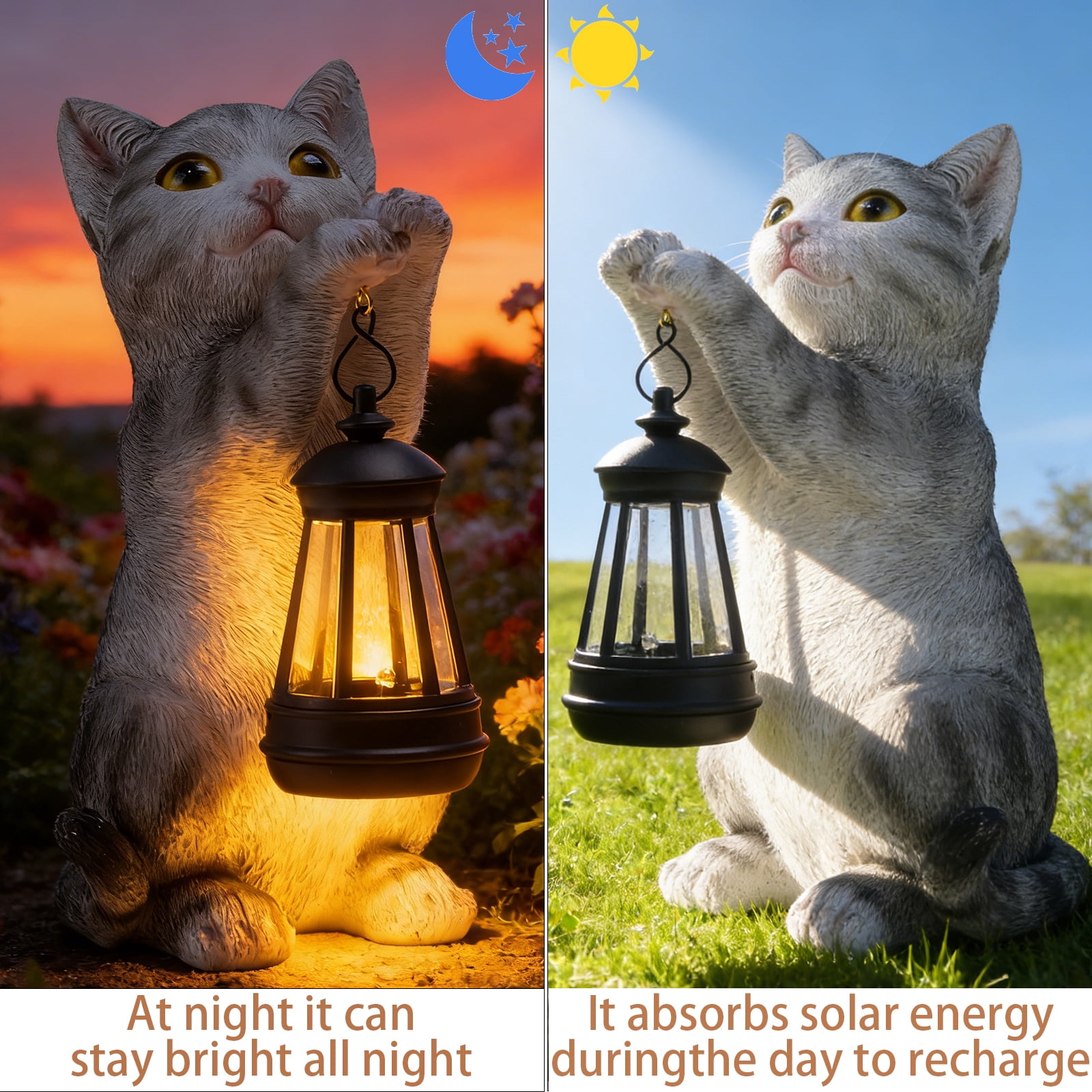 10 Inch Cat Garden Statue with Solar Lantern,Solar Statue,Resin Decor for Patio, Lawn & Outdoor Spaces
