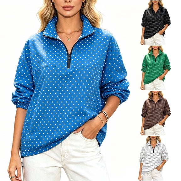 PBFRDSJ Women Polka Dot Jacket Quarter Zip Sweatshirts Collared V Neck 3/4 Sleeve Casual Pullover Shirts Sizes S-L