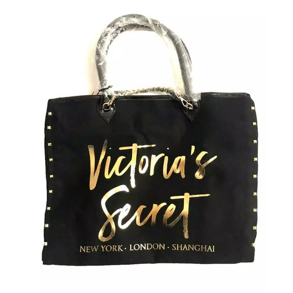 Victoria's Secret City Tote Chain Studs Canvas Tote Bag Black NWT