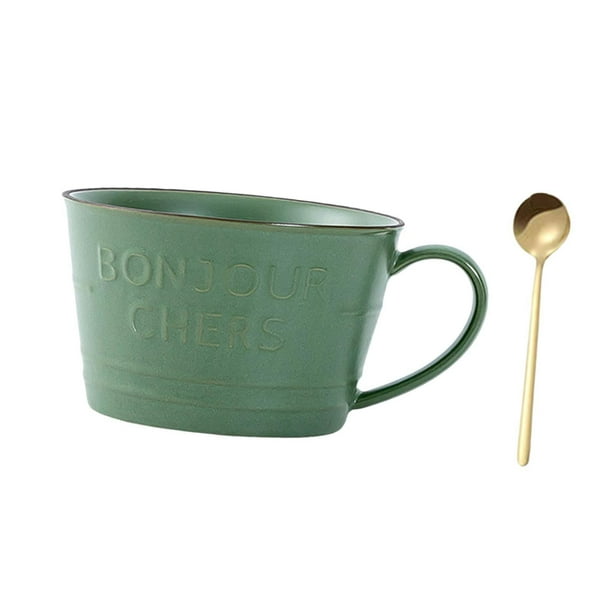 Taza de leche, taza de avena con cuchara, taza de té con forma de coco para adultos y niños, de porcelana Verde