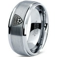thumbnail image 1 of Tungsten Futbol Soccer Player Crest Logo Band Ring 8mm Men Women Comfort Fit Gray Step Bevel Edge Brushed Polished, 1 of 4