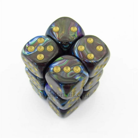 Shadow Lustrous Dice with Gold Pips D6 16mm (5/8in) Pack of 12 Chessex