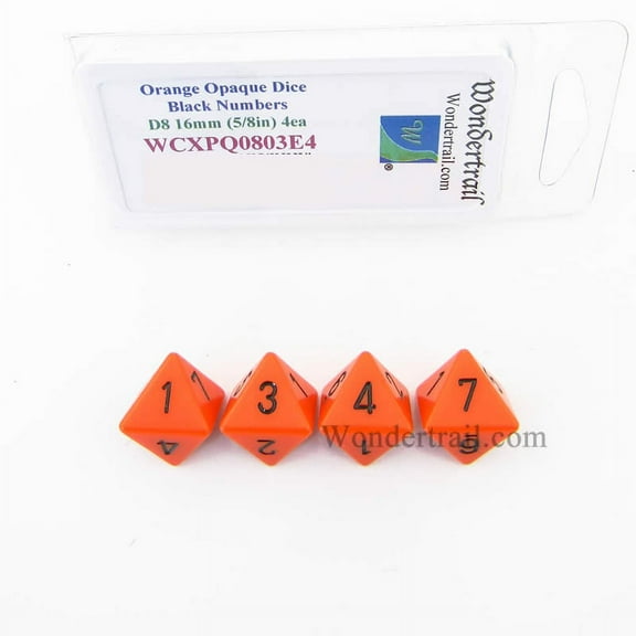 Orange Opaque Dice with Black Numbers D8 Aprox 16mm (5/8in) Pack of 4 Wondertrail