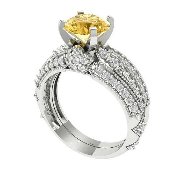Clara Pucci 18K White Gold 2.095 Simulated Yellow Diamond Engraveable Engagement Ring   Wedding Band Set