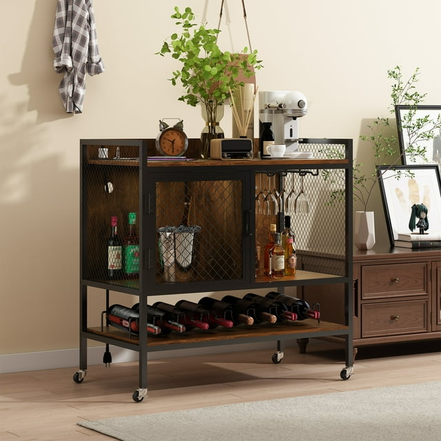 BENOSS Armoire à Vin à 3 Niveaux avec Porte-Gobelets et Rangement Ventilé, Gris