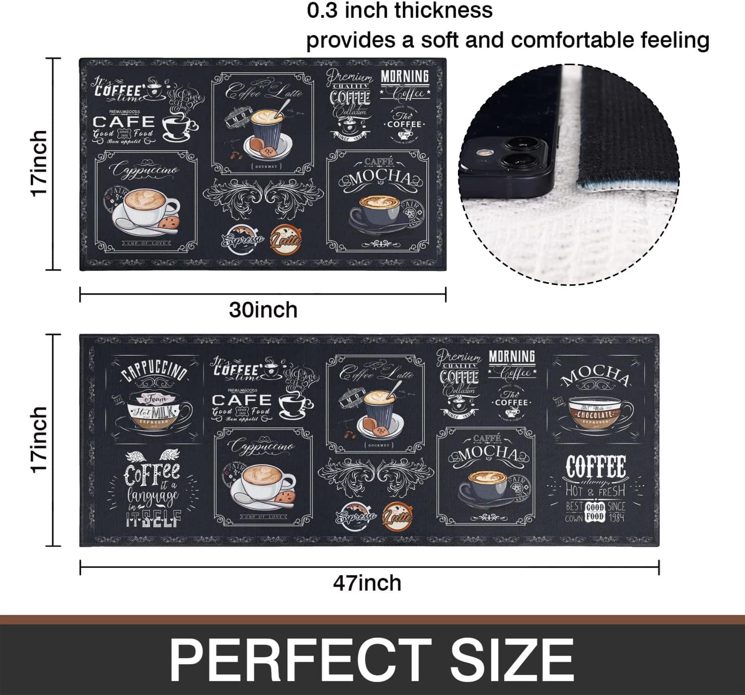 Black Coffee Theme Kitchen Rugs Set of 2,Cafe Kitchen Rugs and Mats Non Skid Washable,Black Kitchen Runner Rugs with Rubber Backing (Classical-Tea 17"x48"+17"x30")