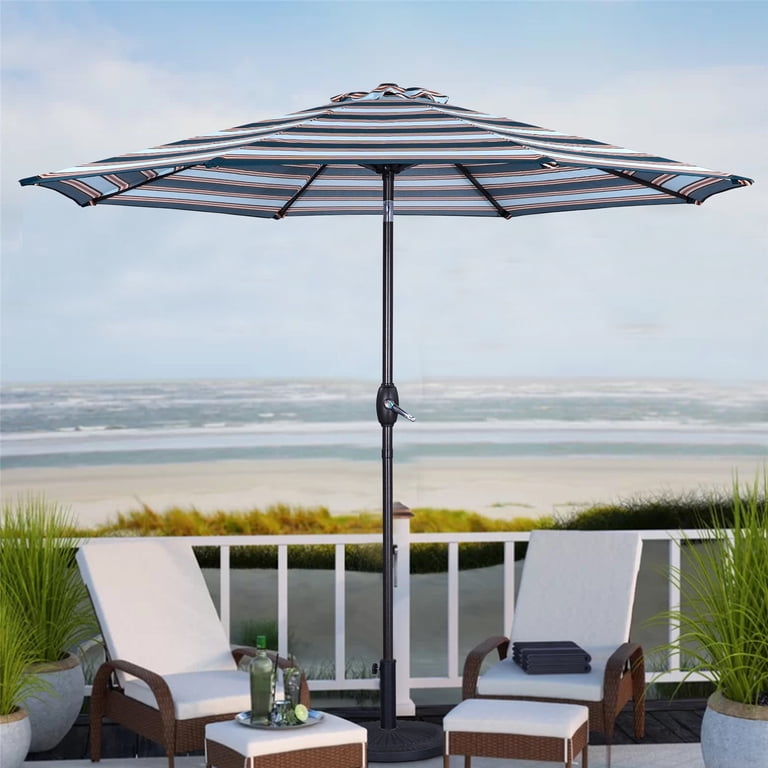 blue and white striped patio umbrella walmart 9 ft Striped Patio Umbrella, Market Striped Umbrella with Push Button Tilt  and Crank(Blue & Brown Stripe)