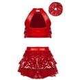 thumbnail image 2 of Alvivi Girls Sequins Dance Performance Outfits Sleeveless Halter Crop Top Skirt with Hair Band Set Red 11-12, 2 of 5