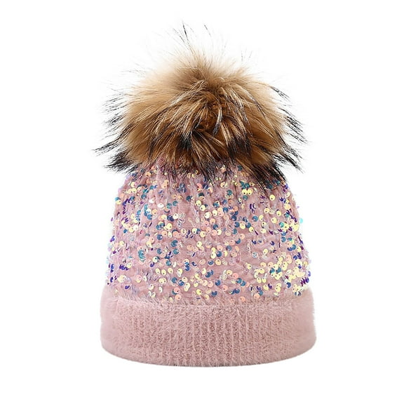EnJoCho Women'S Cozy Pom Pom Knit Hat Ladies Chic Pom Pom Beanie Women Outdoor Warm Knitted Hat Dyed Ball Sequined Hat Ear Protection Hat In Winter Matching Color Block Pom Beanie