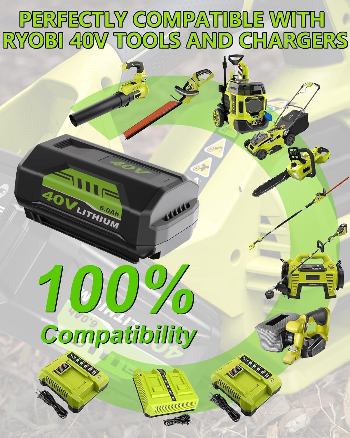 2-Pack 6000mAh OP4026 40 Volt Lithium Replacement Battery and OP401 Charger Compatible with Ryobi 40V Battery OP4050A OP40601 OP4026A OP4040 OP4030 OP4050 OP4015 OP40261 OP40201 with LED Indicator