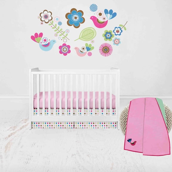 Bacati - Botanical Floral Birds 3-Piece Crib Bedding Set - Pink/Multi Girls