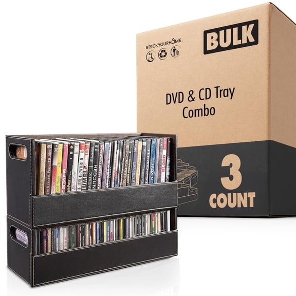 Stock Your Home DVD and CD Storage Box, Movie Shelf Organizer for Blu ray Video Game Cases CDs and VHS, Display Stand Holds up to 28 DVDs and 40 CDs, Faux Leather 3 Pack