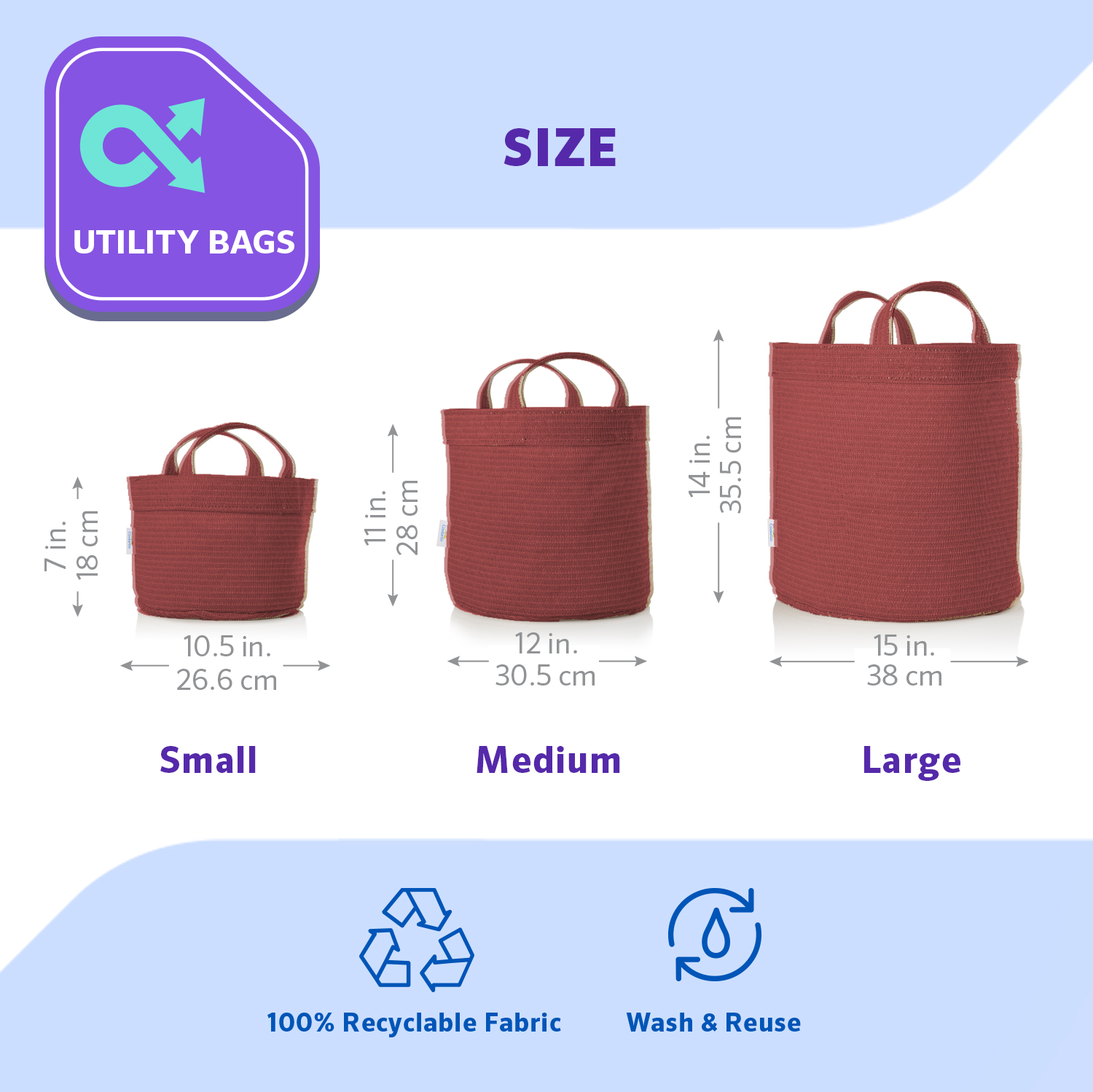 Coolaroo 3-Pack Small, Medium & Large Utility and Storage Bins with Reinforced Handles, Brick