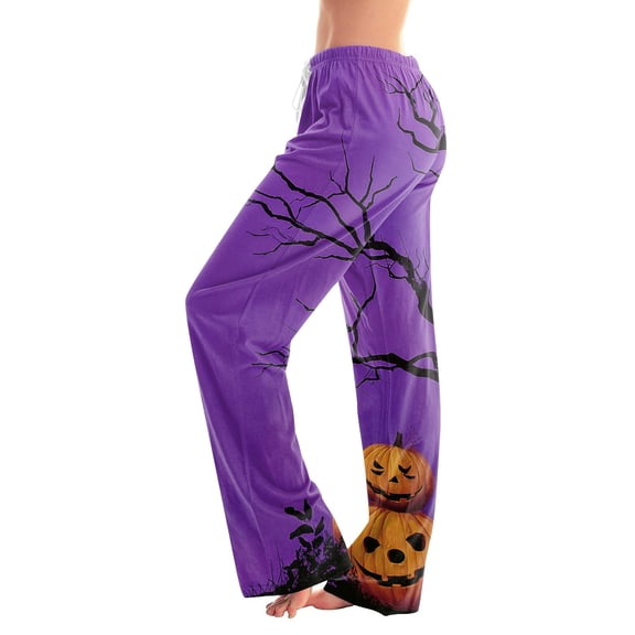 Halloween Pajama Pants for Women Black Witch Print Elastic Waist Comfy Lounge Pjs
